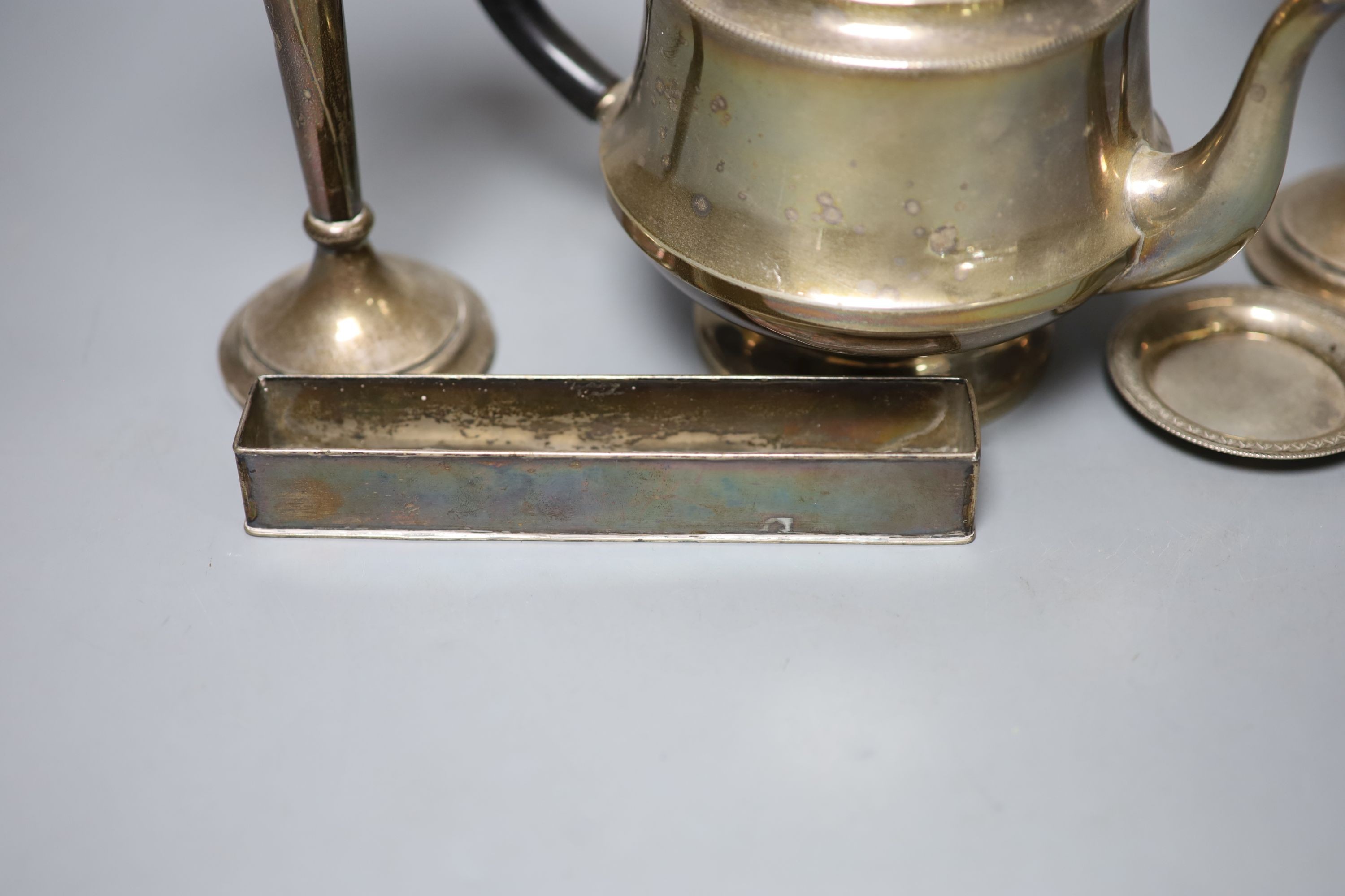 A 1930's silver teapot, a pair of silver mounted posy vases(a.f.), an Egyptian white metal small dish and a metal trough, weighable silver gross 11oz.